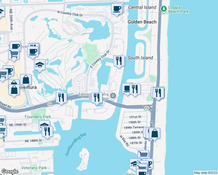 map of restaurants, bars, coffee shops, grocery stores, and more near 3685 Northeast 195th Terrace in Aventura