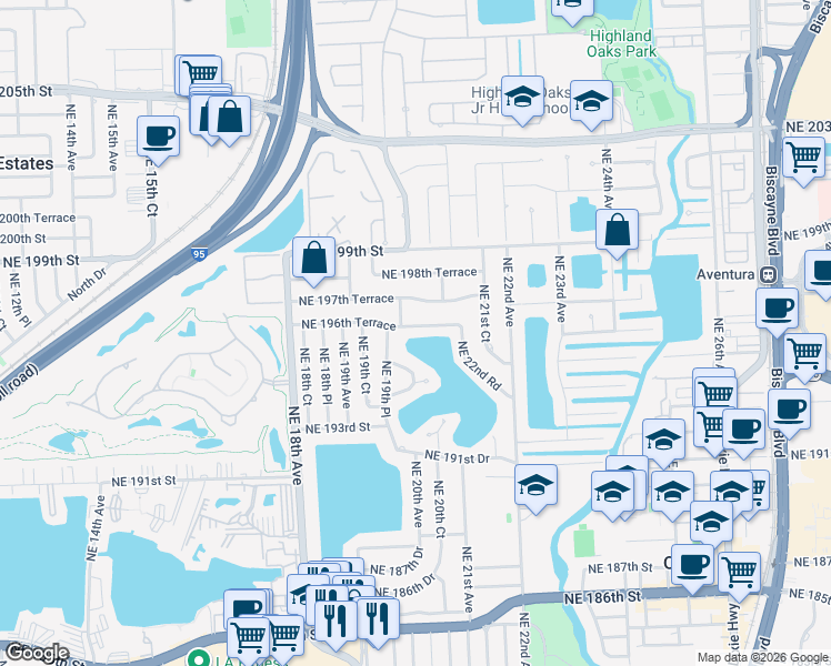 map of restaurants, bars, coffee shops, grocery stores, and more near 2010 Northeast 196th Terrace in North Miami Beach