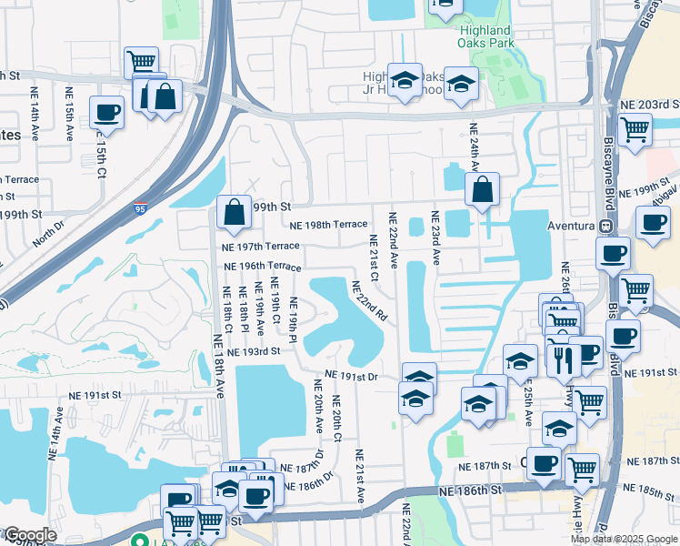 map of restaurants, bars, coffee shops, grocery stores, and more near 2090 Northeast 196th Terrace in North Miami Beach