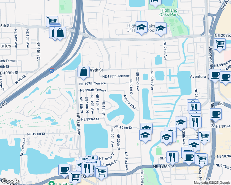map of restaurants, bars, coffee shops, grocery stores, and more near 2090 Northeast 196th Terrace in North Miami Beach