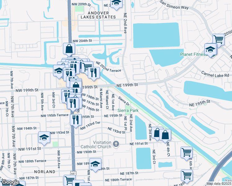 map of restaurants, bars, coffee shops, grocery stores, and more near 145 Sierra Drive in Miami