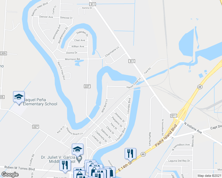 map of restaurants, bars, coffee shops, grocery stores, and more near 5684 Heron Cove Lane in Brownsville