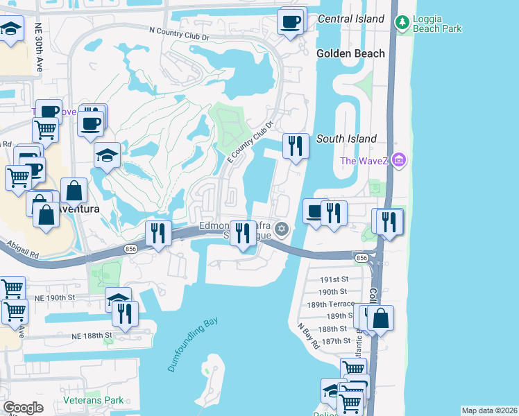 map of restaurants, bars, coffee shops, grocery stores, and more near 3534 Yacht Club Way in Aventura