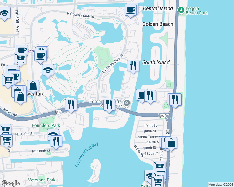 map of restaurants, bars, coffee shops, grocery stores, and more near 3534 Yacht Club Way in Aventura