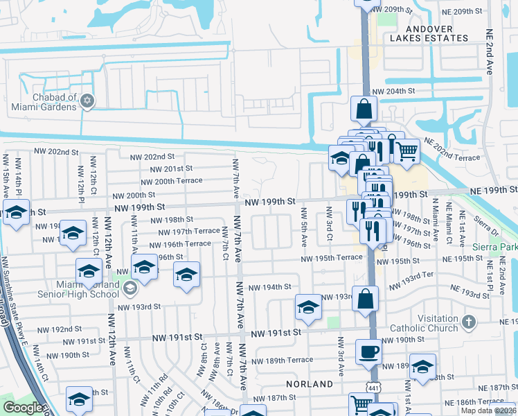 map of restaurants, bars, coffee shops, grocery stores, and more near 19730 Northwest 6th Court in Miami