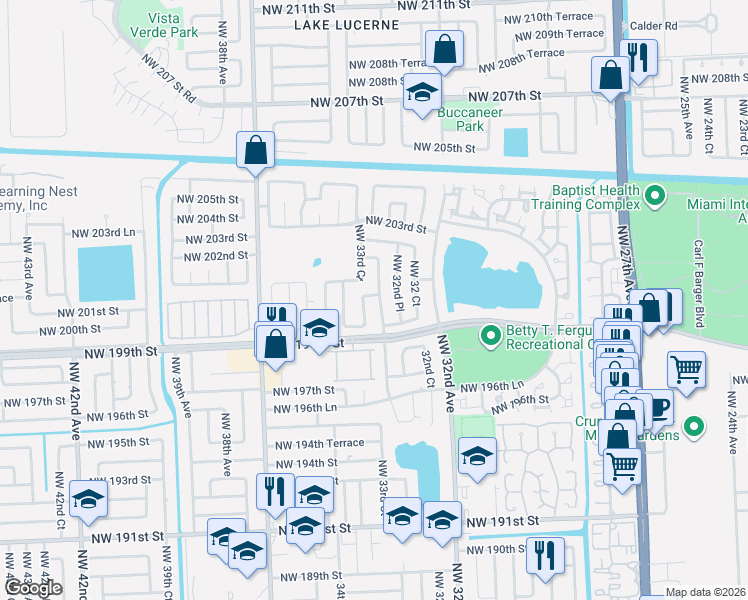 map of restaurants, bars, coffee shops, grocery stores, and more near 20071 Northwest 33rd Court in Miami Gardens