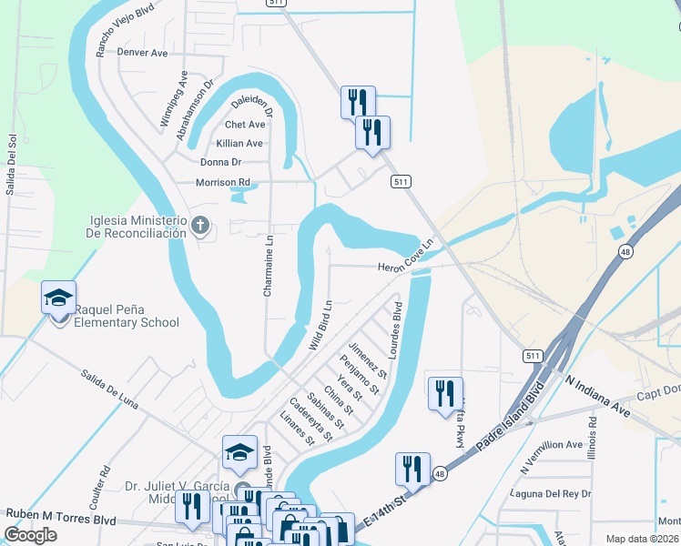 map of restaurants, bars, coffee shops, grocery stores, and more near 5684 Heron Cove Ln in Brownsville