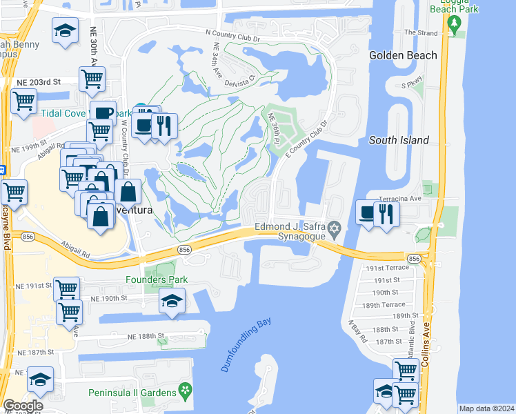 map of restaurants, bars, coffee shops, grocery stores, and more near 19524 East Country Club Drive in Aventura