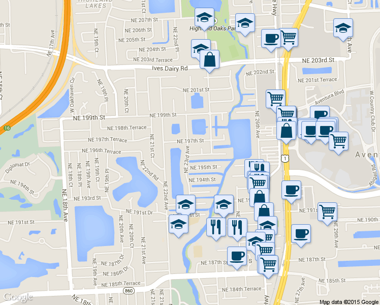 map of restaurants, bars, coffee shops, grocery stores, and more near 19520 Northeast 23rd Avenue in Miami