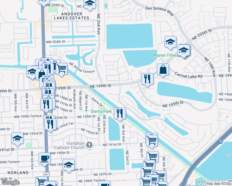 map of restaurants, bars, coffee shops, grocery stores, and more near 640 Northeast 193rd Street in Miami