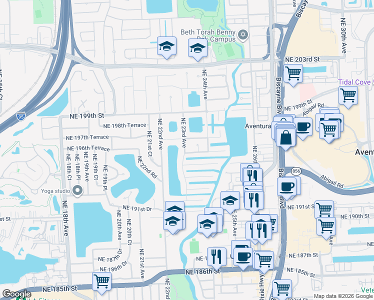 map of restaurants, bars, coffee shops, grocery stores, and more near 19520 Northeast 23rd Avenue in Miami