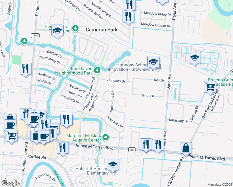 map of restaurants, bars, coffee shops, grocery stores, and more near 3143 Obsidian Drive in Brownsville