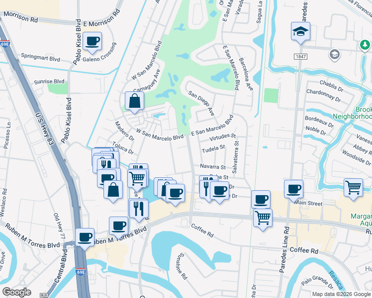 map of restaurants, bars, coffee shops, grocery stores, and more near 645 South San Marcelo Boulevard in Brownsville