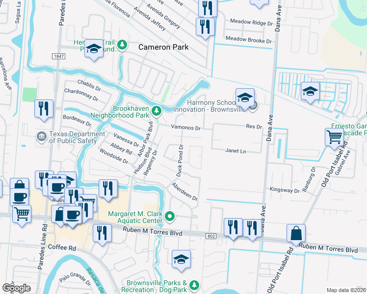 map of restaurants, bars, coffee shops, grocery stores, and more near 3073 Duck Pond Drive in Brownsville