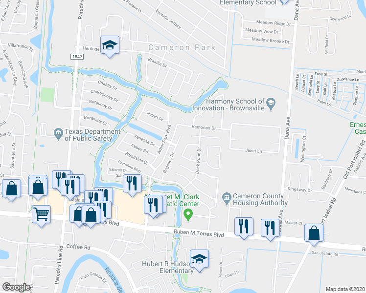 map of restaurants, bars, coffee shops, grocery stores, and more near 3192 Michaelwood Drive in Brownsville