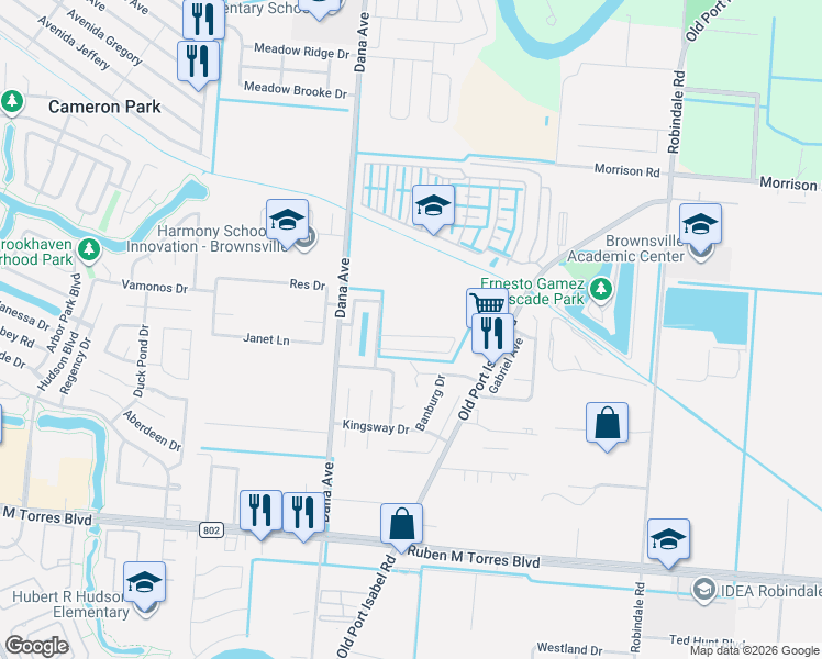 map of restaurants, bars, coffee shops, grocery stores, and more near 3531 Warwick Glen Drive in Brownsville