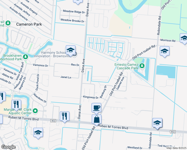 map of restaurants, bars, coffee shops, grocery stores, and more near 3505 De Los Reyes Drive in Brownsville