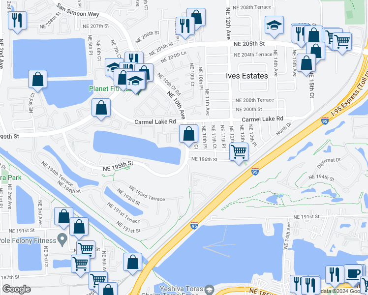 map of restaurants, bars, coffee shops, grocery stores, and more near 19680 Northeast 10th Avenue in North Miami Beach