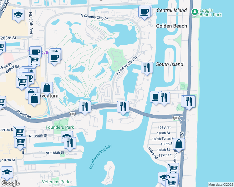map of restaurants, bars, coffee shops, grocery stores, and more near 19555 East Country Club Drive in Miami