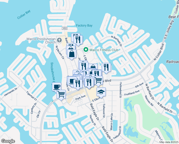 map of restaurants, bars, coffee shops, grocery stores, and more near 941 Windward Drive in Marco Island