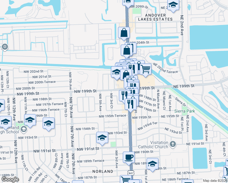 map of restaurants, bars, coffee shops, grocery stores, and more near in Miami Gardens