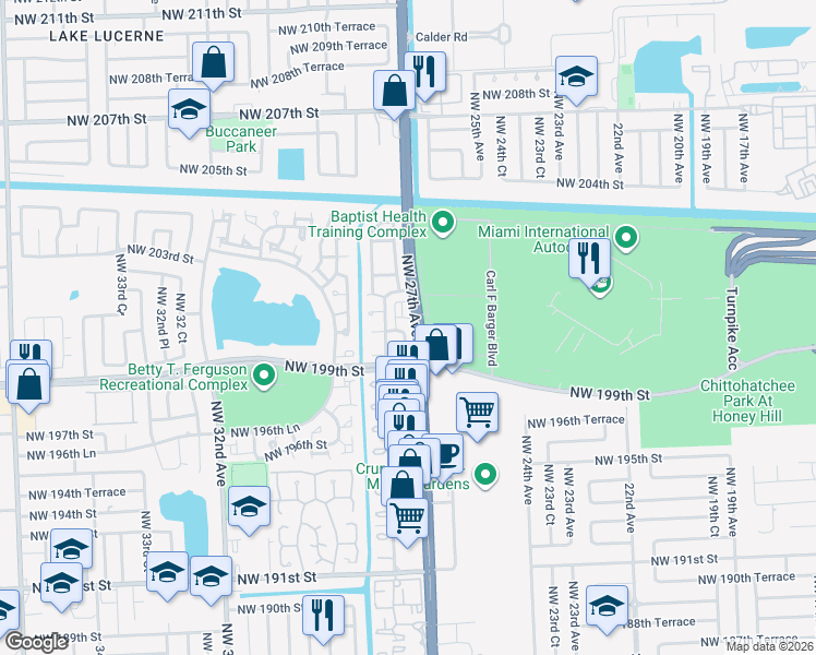 map of restaurants, bars, coffee shops, grocery stores, and more near 20208 Northwest 27th Circle in Miami Gardens