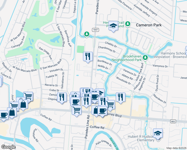 map of restaurants, bars, coffee shops, grocery stores, and more near 1001 Calle Milagros in Brownsville