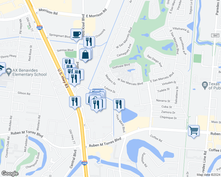 map of restaurants, bars, coffee shops, grocery stores, and more near 2153 Toluca Drive in Brownsville