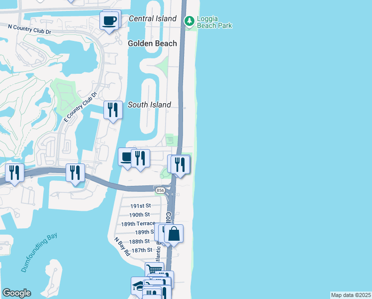 map of restaurants, bars, coffee shops, grocery stores, and more near 105 Ocean Boulevard in Golden Beach