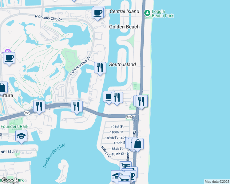 map of restaurants, bars, coffee shops, grocery stores, and more near 48 Terracina Avenue in Golden Beach