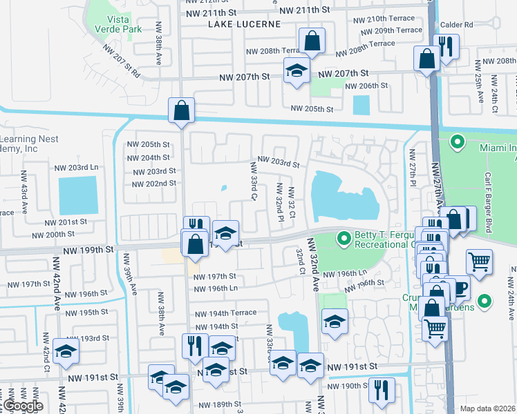 map of restaurants, bars, coffee shops, grocery stores, and more near 20211 Northwest 33rd Court in Miami Gardens
