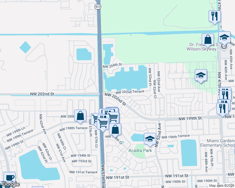 map of restaurants, bars, coffee shops, grocery stores, and more near 5412-5502 Northwest 202nd Terrace in Opa-locka