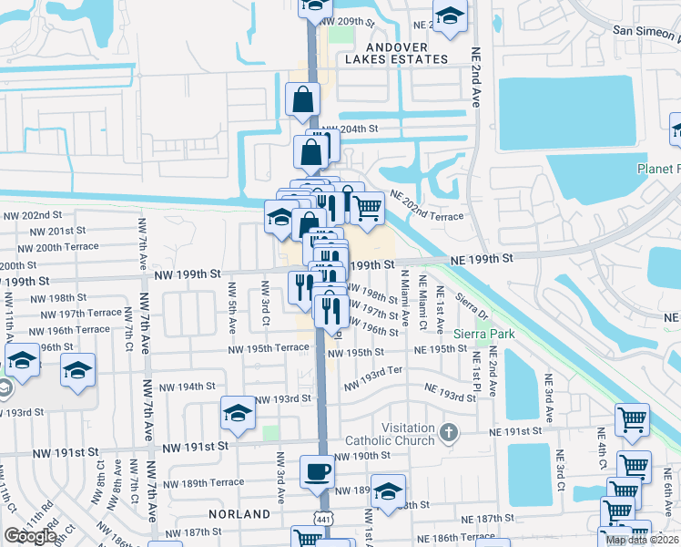 map of restaurants, bars, coffee shops, grocery stores, and more near in Miami Gardens