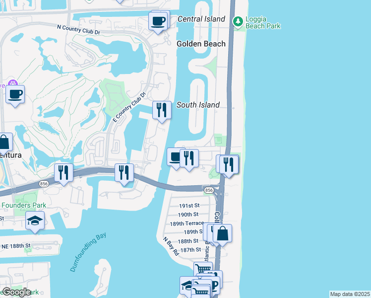 map of restaurants, bars, coffee shops, grocery stores, and more near 48 Terracina Avenue in Golden Beach