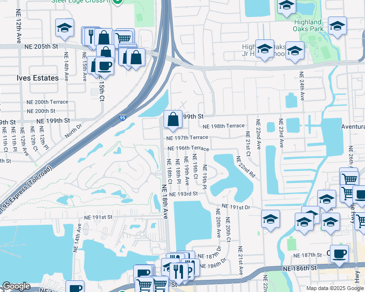 map of restaurants, bars, coffee shops, grocery stores, and more near 1850 Northeast 197th Terrace in Miami