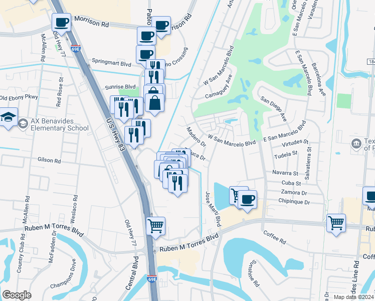 map of restaurants, bars, coffee shops, grocery stores, and more near 2098 Toluca Drive in Brownsville