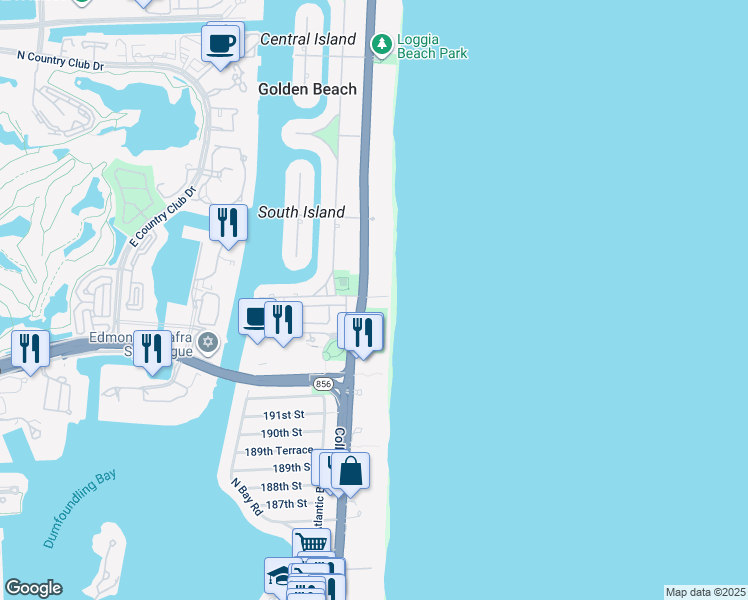 map of restaurants, bars, coffee shops, grocery stores, and more near 105 Ocean Boulevard in Golden Beach