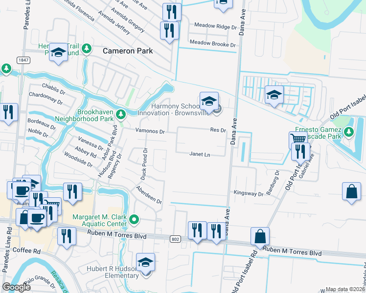 map of restaurants, bars, coffee shops, grocery stores, and more near 1317 Rachel Circle in Brownsville