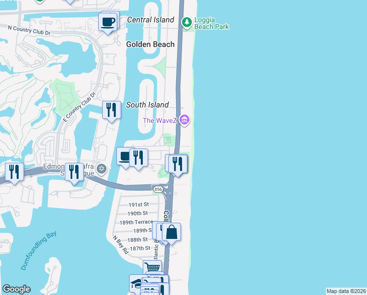 map of restaurants, bars, coffee shops, grocery stores, and more near 105 Ocean Boulevard in Golden Beach