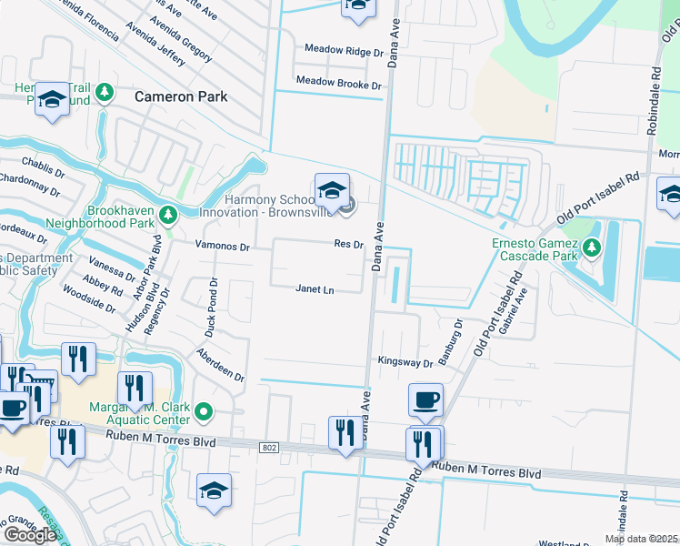map of restaurants, bars, coffee shops, grocery stores, and more near 1405 Janet Lane in Brownsville