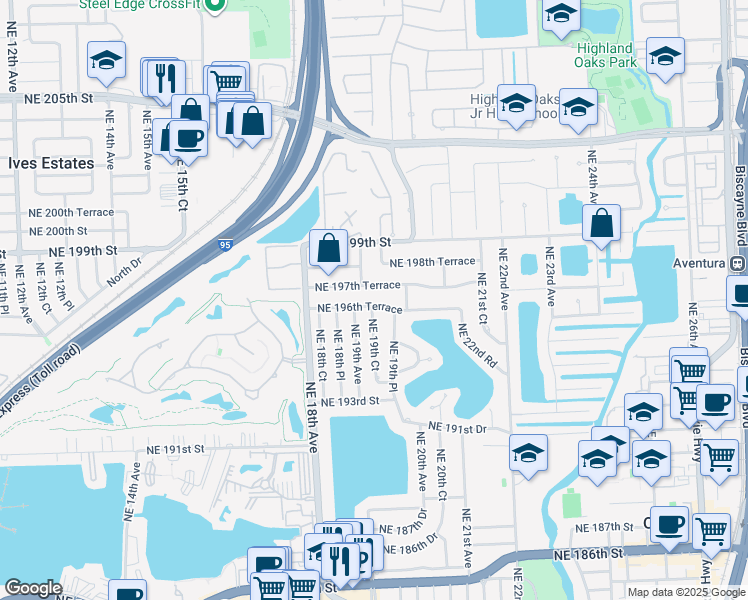 map of restaurants, bars, coffee shops, grocery stores, and more near 1910 Northeast 197th Terrace in Miami