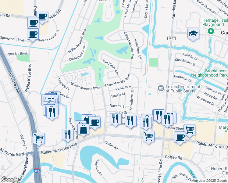 map of restaurants, bars, coffee shops, grocery stores, and more near 24 Virtudes Street in Brownsville