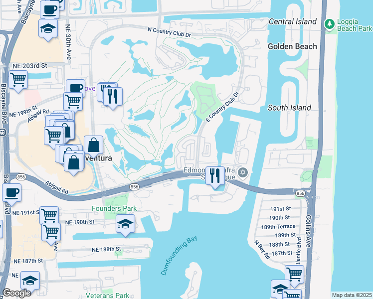 map of restaurants, bars, coffee shops, grocery stores, and more near 19700 East Country Club Drive in Aventura