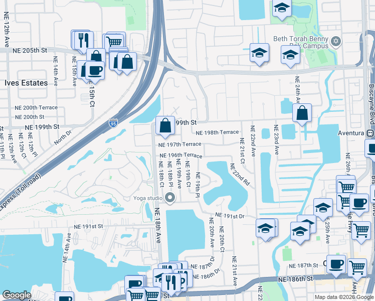 map of restaurants, bars, coffee shops, grocery stores, and more near 1910 Northeast 197th Terrace in Miami