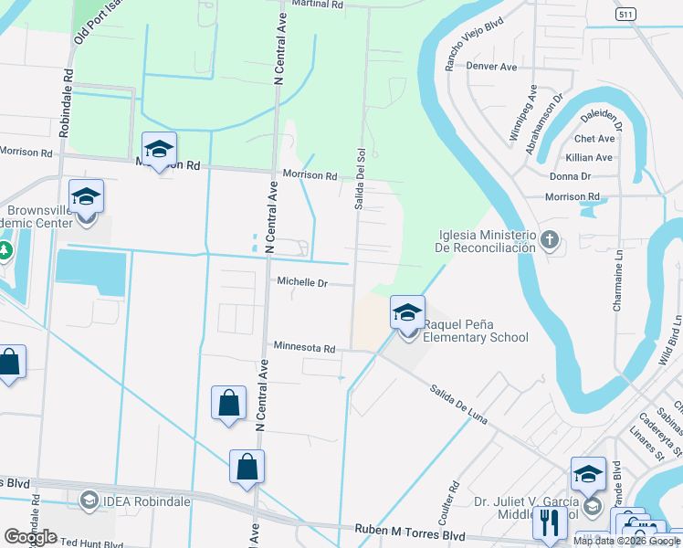 map of restaurants, bars, coffee shops, grocery stores, and more near 4871 Michelle Dr in Brownsville