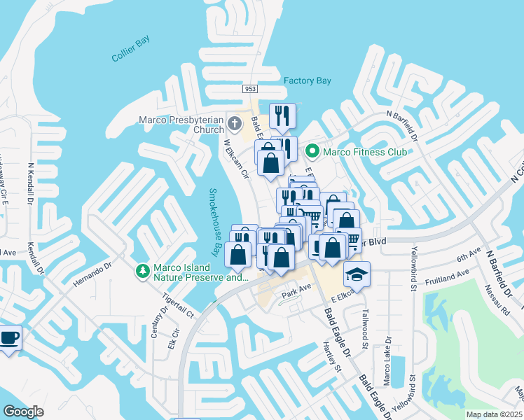 map of restaurants, bars, coffee shops, grocery stores, and more near 761 West Elkcam Circle in Marco Island