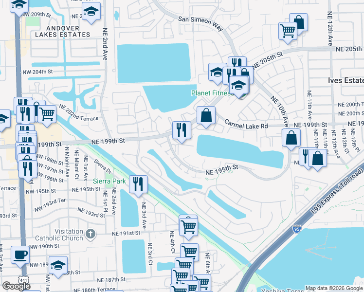 map of restaurants, bars, coffee shops, grocery stores, and more near 447 Northeast 195th Street in Miami