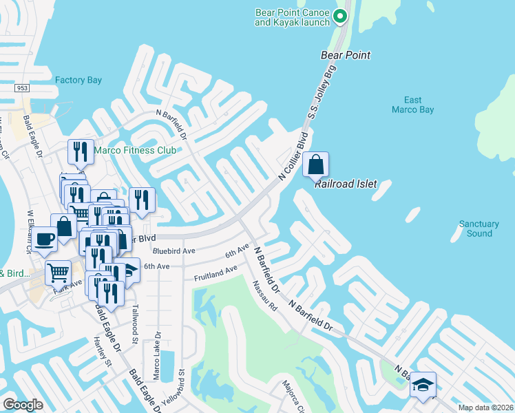 map of restaurants, bars, coffee shops, grocery stores, and more near 1342 North Collier Boulevard in Marco Island