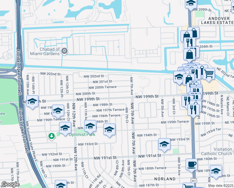 map of restaurants, bars, coffee shops, grocery stores, and more near 765 Northwest 200th Street in Miami