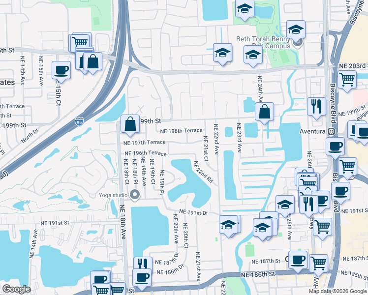 map of restaurants, bars, coffee shops, grocery stores, and more near 2045 Northeast 197th Terrace in North Miami Beach